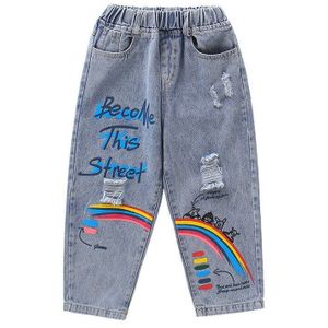 Meisjes Jeans Stijl Kinderen Lente En Herfst Mode Broek Regenboog Afdrukken Losse Casual Straight-Leg Broek mode