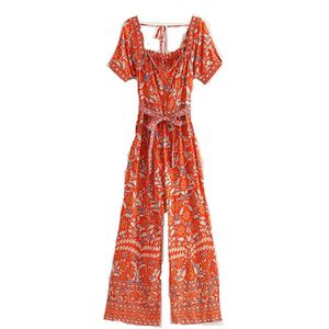 Vintage Chic Vrouwen Boho Bodysuits Bloemenprint Lace-Up Elestic Taille Korte Mouw V-hals Bohemian Rayon Rompertjes Jumpsuit