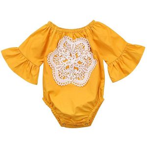 zomer solid baby meisjes kant flare mouwen bodysuit baby Geel