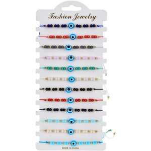Vrouwen 12 Stks/set Blauw Turkse Evil Eye Charms Weave Armbanden Crystal Bead Verstelbare Touw Ketting Enkelbanden Polsband Girl Sieraden