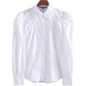 Vgh Hollow Out Borduren Shirt Voor Vrouwen Revers Lange Mouwen Vintage Wit Casual Blouse Vrouwelijke Mode Kleding Tij