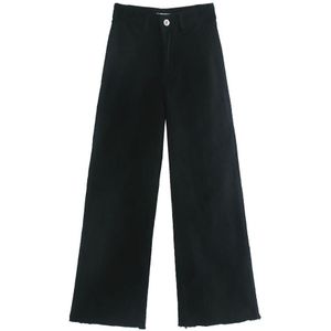 Vrouwen Jeans Met Hoge Wasit Solid Rits Elegante Wijde Pijpen Lange Zwarte Denim Broek