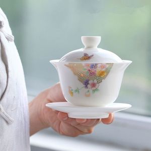 Art nouveau porselein gaiwan bloem vlinder opluchting keramische terrine China kom set met deksel cup schotel 150ml