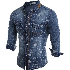 Mannen Denim Shirt Lange Mouw Tops Koreaanse Mode Cowboy Geometrische Casual Shirts Aziatische Maat Herenkleding