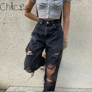 Chiclily Mode Losse Vernietigd Gat Denim Jeans Casual Vintage Wijde Pijpen Broek Broek Fall Vrouwen