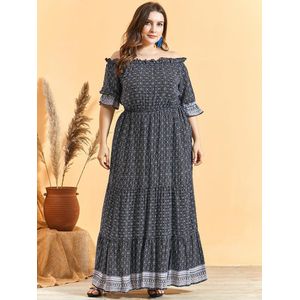 Boho Jurk Mode Vrouwen Zomer Slash Hals Met Korte Mouwen Retro Printing Off Shoulder Jurk Maxi Plus Size Vrouwen Kleding