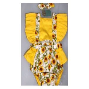 Baby Meisjes Zonnebloem Romper, Leuke Ruche Mouw Pom Pom Kanten Rand Bodysuit Zomer Kleding