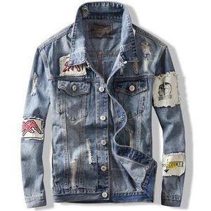 Nieuw Herfst High Street Mannen Jas Retro Blauwe Kleur Patch Gedrukt Denim Jas Hombre Hip Hop Jas Mannen uitloper