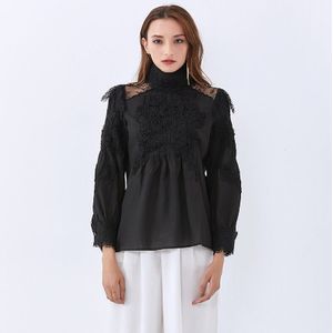 Twotwinstyle Patchwork Lace Hollow Out Shirt Voor Vrouwen Stand Kraag Bladerdeeg Mouw Casual Blouse Vrouwelijke Fall Tij