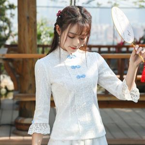 Chinese Stijl Kleding Vrouwen Kant Tops Tang Kostuum Shirts Traditionele Qipao Cheongsam Blouse Voor Dame 11126