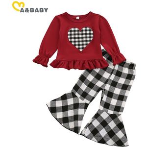 Ma & Baby 1-6Y Valentijnsdag Meisjes Outfits Peuter Kid Baby Meisje Hart Kleding T-shirt Plaid Flare Broek Kinderen kostuums