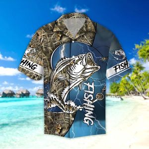 Zomer Strand Mode Korte Mouwen Blauw Bass Fishing 3D Gedrukt Hawaii Shirt Mens Harajuku Casual Shirt