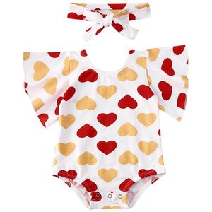 Pasgeboren Baby Meisje Valentijnsdag Bodysuits Kleding Liefde Hart Print Ruches Mouwen Jumpsuit Hoofdband