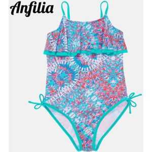 Anfilia Meisjes Een Stuk Zwemkleding Bloemenprint Badmode Verstoorde Kids Bikini Verstelbare Riem Verbonden Beach Wear Groen Een Stuk