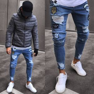 Jeans Mannen Verzwakte Afdrukken Borduren Biker Stretchy Ripped Skinny Jeans Vernietigd Afgeplakt Slim Fit Denim Broek