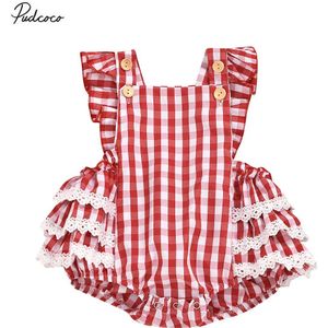 Baby Zomer Kleding Mode Pasgeboren Kids Meisje Outfits Set Mouwloze Rode Plaid Bodysuit Set Kant Verstoorde Plaid Playsuit