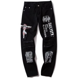 Skinny Jeans Mannen Streetwear Vernietigd Ripped Jeans Homme Hip Hop Gebroken Graffiti Print Potlood Biker Denim Broek Gat WG559