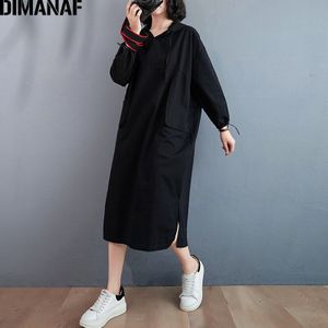 Dimanaf Plus Size Vrouwen Jurk Vintage Herfst Winter Basic Lady Vestidos Zakken Katoen Hoodies Casual Kleding Losse Lange Mouwen