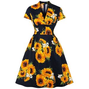 Tonval Zonnebloem Bloemen V-hals 50S Retro Gewaad Slanke Elegante Partij Jurk Vrouwen Plus Size Knop Katoen Pinup Vintage jurken