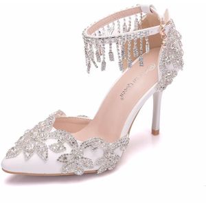 Crystal Queen Vrouwen Wit Kristal Schoenen Kwastje Polsband Trouwschoenen Bruid Schoenen Hoge Hakken Sandalen Vrouwelijke Jurk Pompen