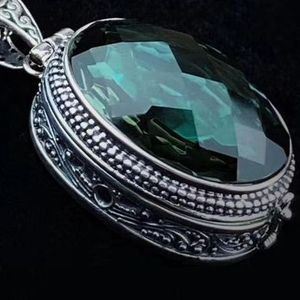 925 Sterling Zilveren Ovale Natuurlijke Edelsteen Emerald Green Crystal Hanger Charm Vintage Etnische Sieraden Kan Openen En Sluiten