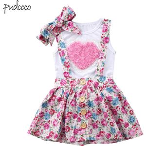 Pudcoco 3 PCS Bloemen Baby Meisje Outfits Kleding T-shirt Top Broek/Rokken Haarband Sets