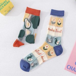 Super Dames Mode Zijden Sokken Voor Zomer Ultra-Dunne Fruit Print Transparante Stapel Sokken Vrouw Leuke onregelmatige Sokken