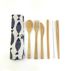 6 stks/pak Japanse Houten Bestek Set Bamboe Bestek Stro Bestek Set Met Doek Zak Keuken Koken Gereedschap