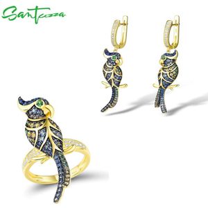 Santuzza Echt 925 Zilveren Sieraden Set Voor Vrouwen Sparkling Blauwe Stenen Mooie Vogels Oorbellen Ring Set Trendy Fine Jewelry