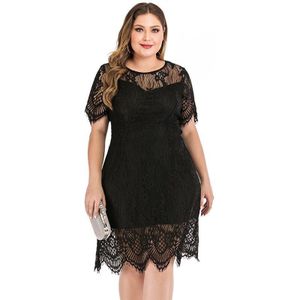 6XL Plus Size Lace Party Jurk Vrouwen Zomer Hollow Out O Hals Korte Mouw Toevallige Midi Jurk Elegante V Backless zwarte Jurken