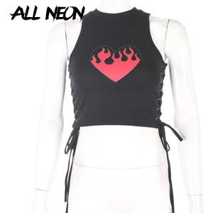 Allneon Punk Fire Hart Grafische Front Cropped Tops E-Meisje O-hals Mouwloze Lace Up Black Tank Tops Vintage Grunge zomer Vest