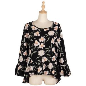 Benuynffy Ronde Hals Ruche Zoom Vrouwen Tops En Blouses Casual Bloemenprint Top Lente Uitlopende Mouwen Losse Blouse