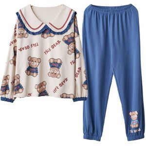 Herfst En Winter Gebreide Katoenen 2 Stuk Pyjama Beer Print Nachtkleding Voor Vrouwen Meisjes Pyjama Pakken Zwangere Pijamas