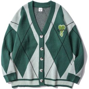 Mannen Harige Letters Borduren Vest Trui Paar Amerikaanse Hart Jacquard Diamant Plaid Casual Trui V-hals Oversized Jas