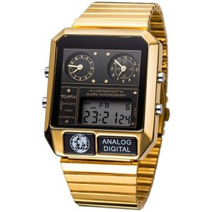 Duantai Mens Luxe Volledige Stalen Vierkante Horloge Dual Synchrone &amp; 10-Bit Digitale Led Horloge Mannen Sport Horloge ча�сы Мужские