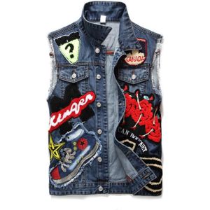 Heren Geborduurde Punk Vest Slanke Patchwork Tank Top Mannelijke Mode Mouwloze Jas Jeans Grote Maat Vesten M/3Xl j2869