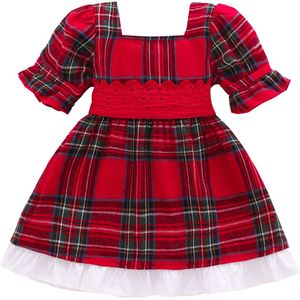 Peuter Meisjes Rode Jurk Prinses Vierkante Bladerdeeg Mouwen Lace Decor Baby Kerst Strik Plaid Jurken