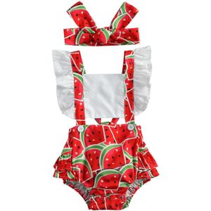 Focusnorm Pasgeboren Baby Meisjes Bodysuits Hoofdband 2 Stuks Watermeloen/Aardbei Print Backless Ruches Korte Mouw Jumpsuits