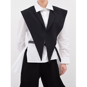 [Eam] Vrouwen Loose Fit Zwart Korte Onregelmatige Split Joint Big Size Vest Revers Mouwloze Mode Lente Zomer 1U52701