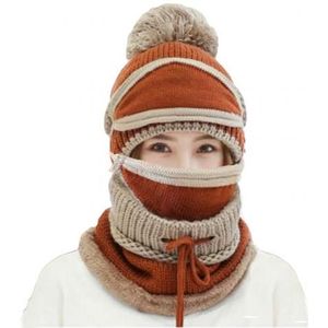 3Pcs Winter Hat Vrouwen Dikker Warme Gebreide Pompom Beanie Hat Cap Sjaal Gezichtsmasker Set