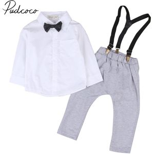 Gloednieuwe Peuter Baby Boy Formele Casual Kleding Sets 2 stks Lange Mouwen Effen Wit Shirts Tops Grijs Algehele bib Broek Sets