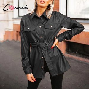 Conmoto Vintage Pu Lederen Blouse Vrouwen Met Riem Causale Turn-Down Enkele Kraag Tops Herfst Winter Chic Pocket Shirt lady