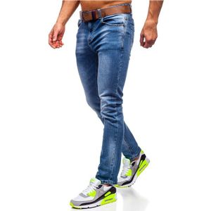 Lente En Herfst Heren Katoen Mid-Taille Rits Sluiting Straight Casual Jeans Mannen Blauw Slim-Fit Micro-Elastische Denim Broek