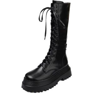 Vrouw Platform Motorlaarzen Vrouwen Lederen Mid Kalf Boot Vrouwen Lace Up Mid Hak Dames Pomp Vrouwelijke Koele non Slip Schoenen