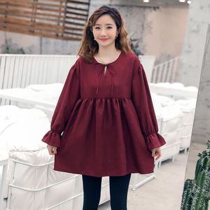 Lente Zwangere Vrouwen Shirts Plus Size Solod Kleur Lange Flare Mouw Vetersluiting O-hals Moederschap Katoen En Linnen Blouses Leuke