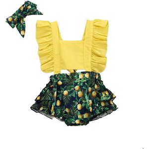 Focusnorm 0-24M Pasgeboren Baby Meisjes Jongens Rompertjes Hoofdband Ruches Korte Mouwen Print Jumpsuits Outfits