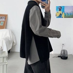 Trui Vest Mannen Zwart-Side Slit Breien Ins Trendy Losse Oversize Mens Solid Uitloper Truien Harajuku Vintage bf