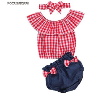 Focusnorm 0-24M Pasgeboren Baby Meisjes Kleding Sets Plaid Print Ruches Off Shoulder T-shirts Tops Shorts Hoofdband