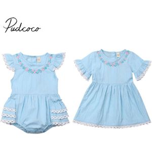 Baby Zomer Kleding Zus Bijpassende Outfits Meisje Korte Mouw Bloem Romper Jurk Bijpassende Gelaagde Verstoorde Outfit Set