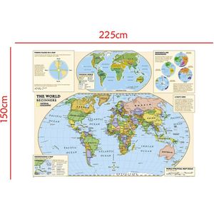 150X225 Cm Non-woven Opvouwbare Wereld Fysieke Kaart Met Gedetailleerde Label Zonder Nationale Vlag Voor Beginner